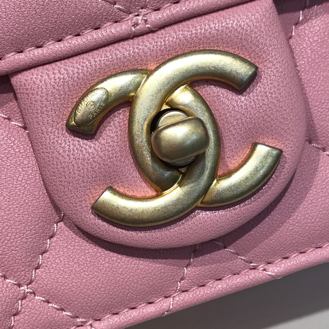 Chanel 香奈儿 新款链条珍珠包大号 进口小羊皮 粉色  沙金