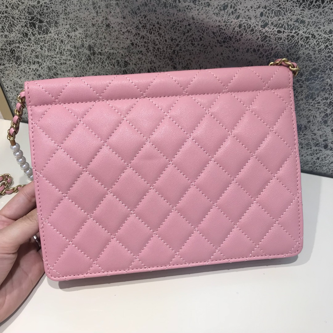 Chanel 香奈儿 新款链条珍珠包大号 进口小羊皮 粉色  沙金