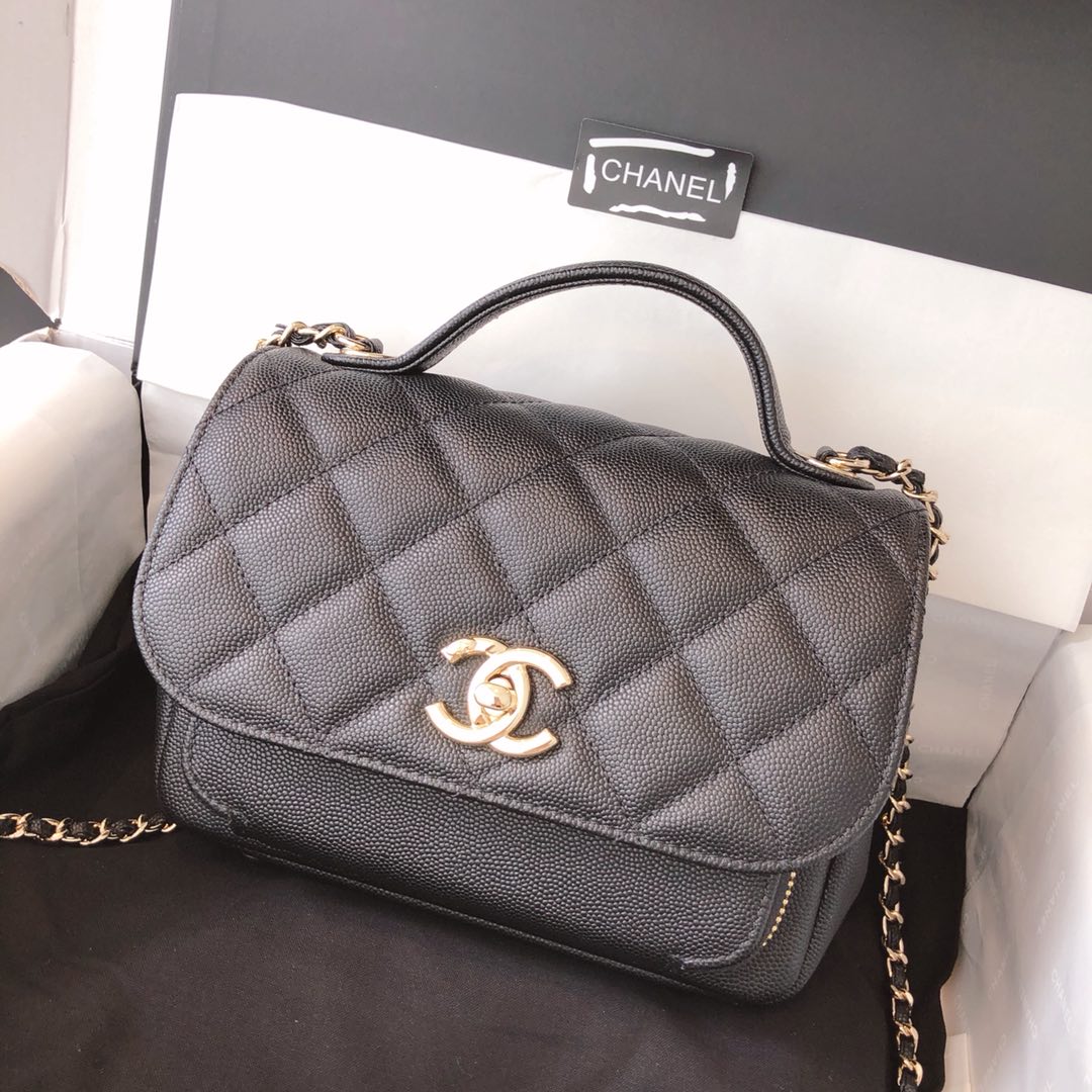 Chanel香奈儿 邮差包 20cm 黑色 进口小鱼子酱 香槟五金