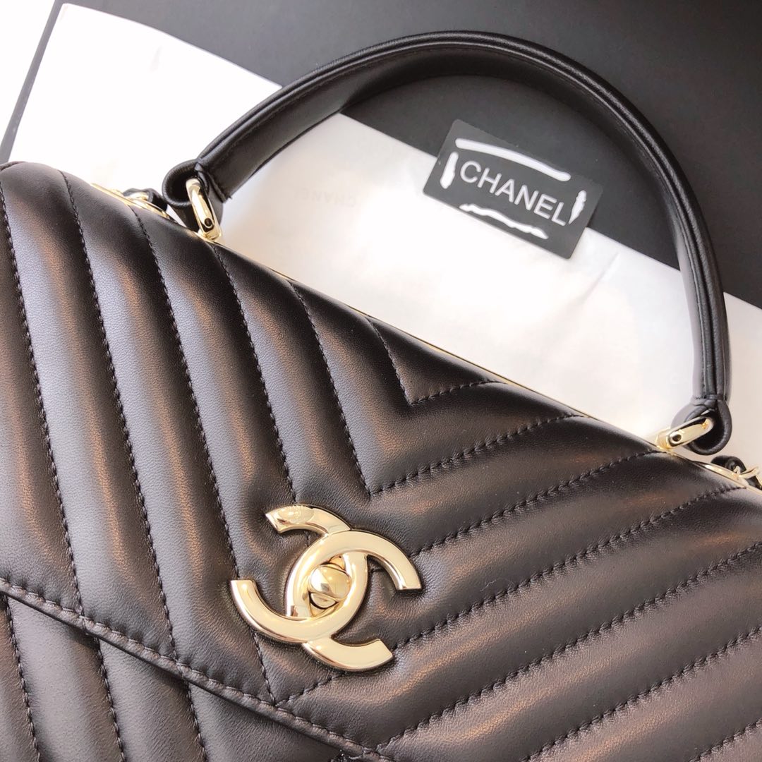 Chanel 香奈儿 Trendy CC 小羊皮 黑色V纹 25cm 香槟金 现货