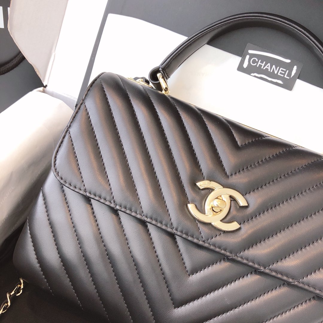 Chanel 香奈儿 Trendy CC 小羊皮 黑色V纹 25cm 香槟金 现货