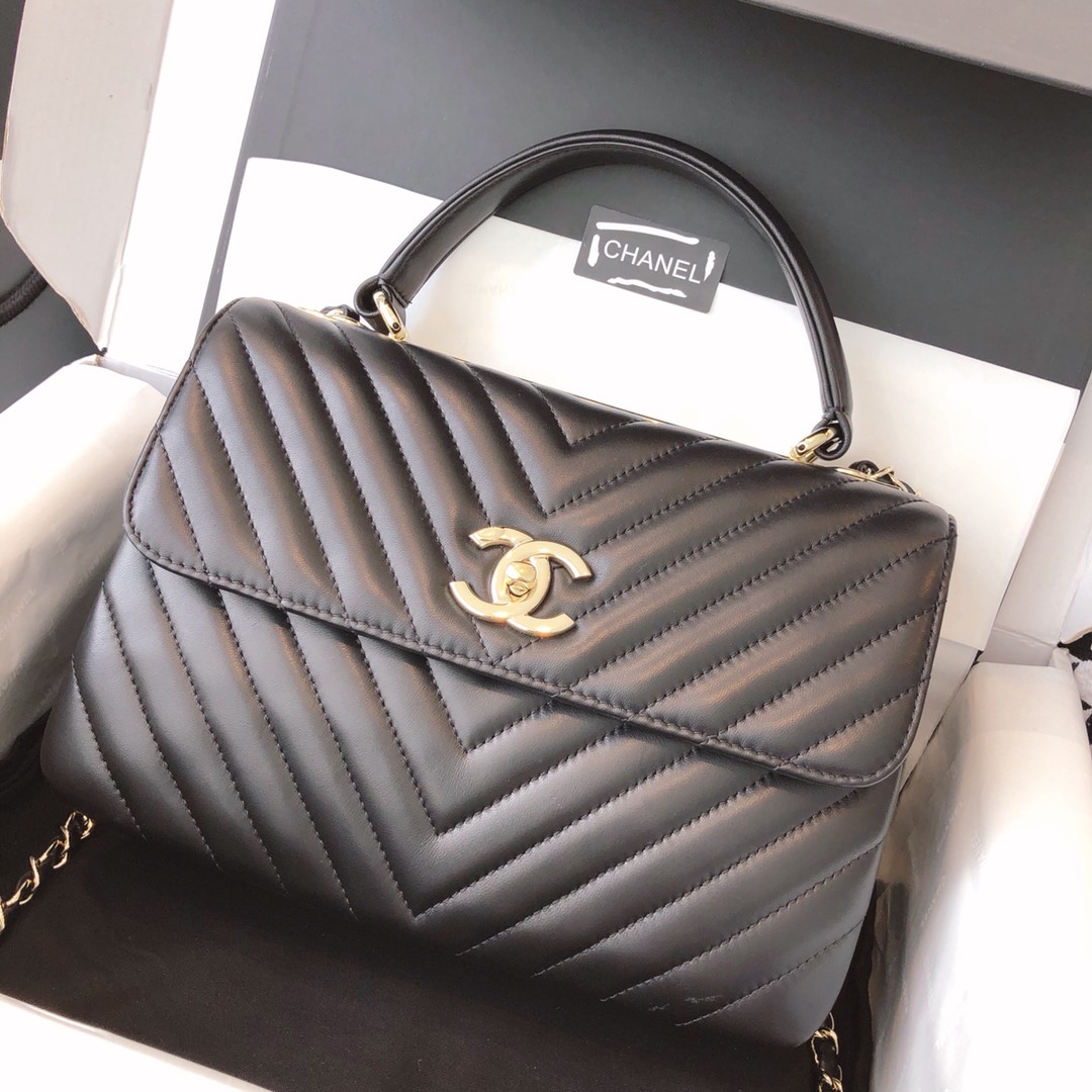 Chanel 香奈儿 Trendy CC 小羊皮 黑色V纹 25cm 香槟金 现货