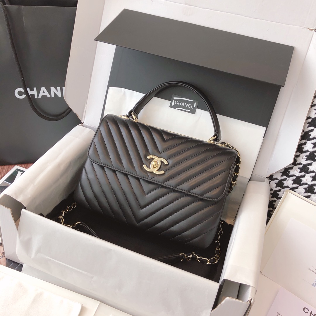 Chanel 香奈儿 Trendy CC 小羊皮 黑色V纹 25cm 香槟金 现货