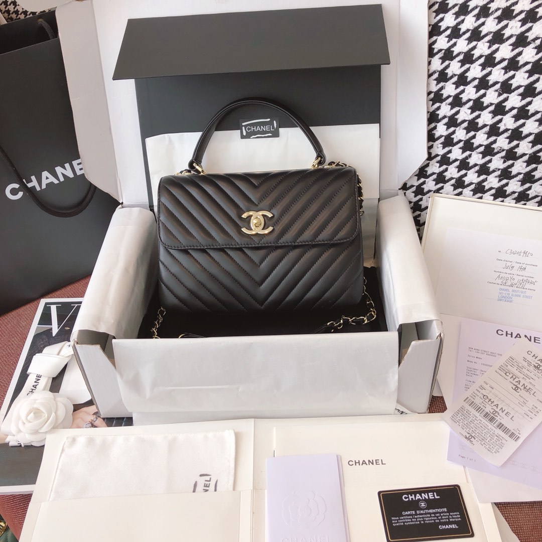 Chanel 香奈儿 Trendy CC 小羊皮 黑色V纹 25cm 香槟金 现货
