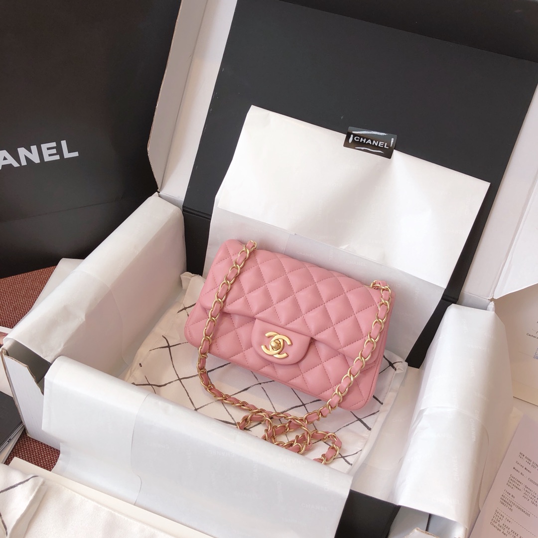 Chanel 香奈儿 真品级 原厂bodin joyeux 羔羊皮 CF 17cm 樱花粉 磨砂金扣