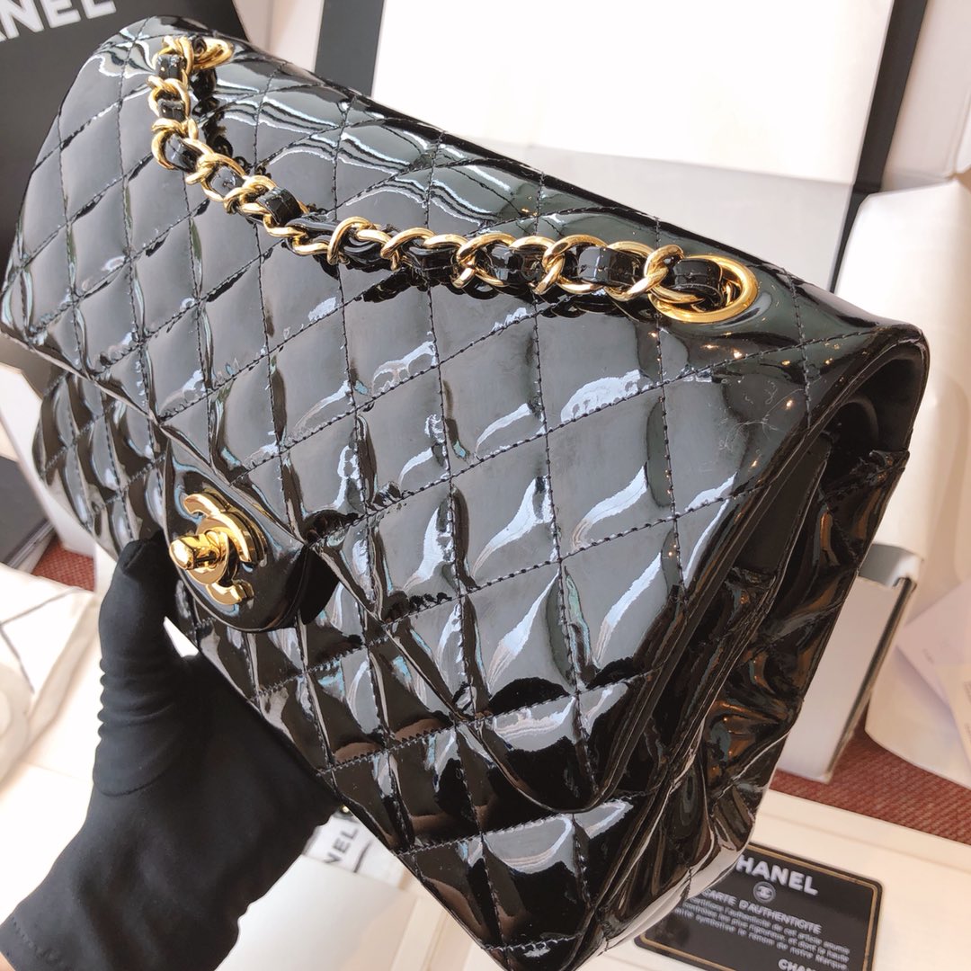 Chanel 香奈儿 真品级 原厂漆皮 Classic Flap 代购版本 25cm 黑色 金扣