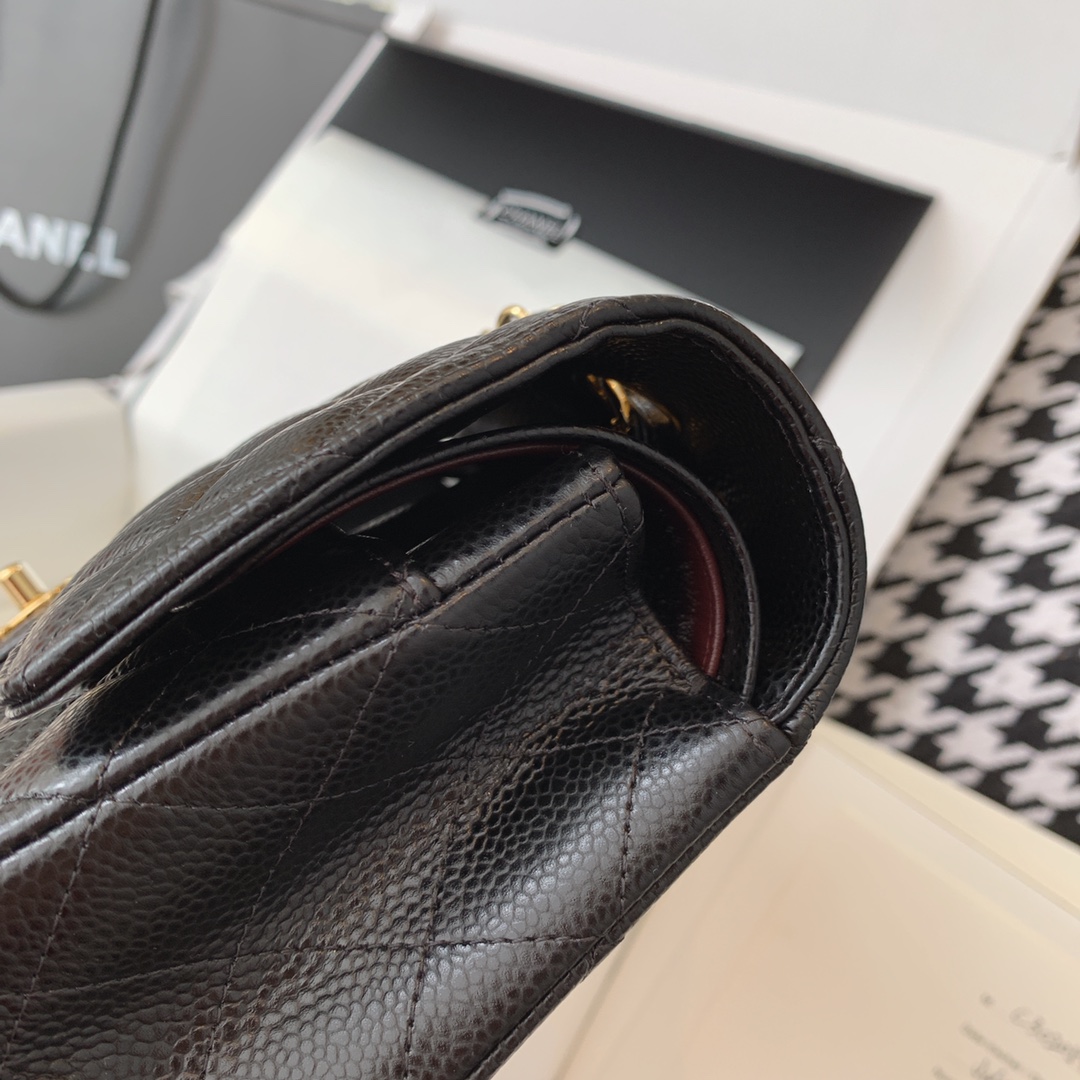 Chanel 香奈儿 黑色 金扣 法国原厂Haas球纹鱼子酱牛皮 25cm