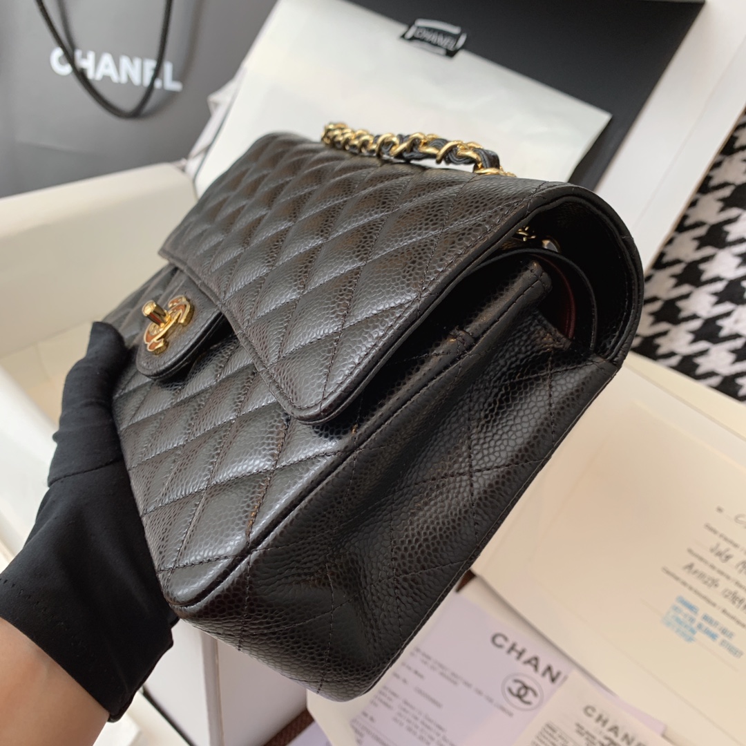 Chanel 香奈儿 黑色 金扣 法国原厂Haas球纹鱼子酱牛皮 25cm