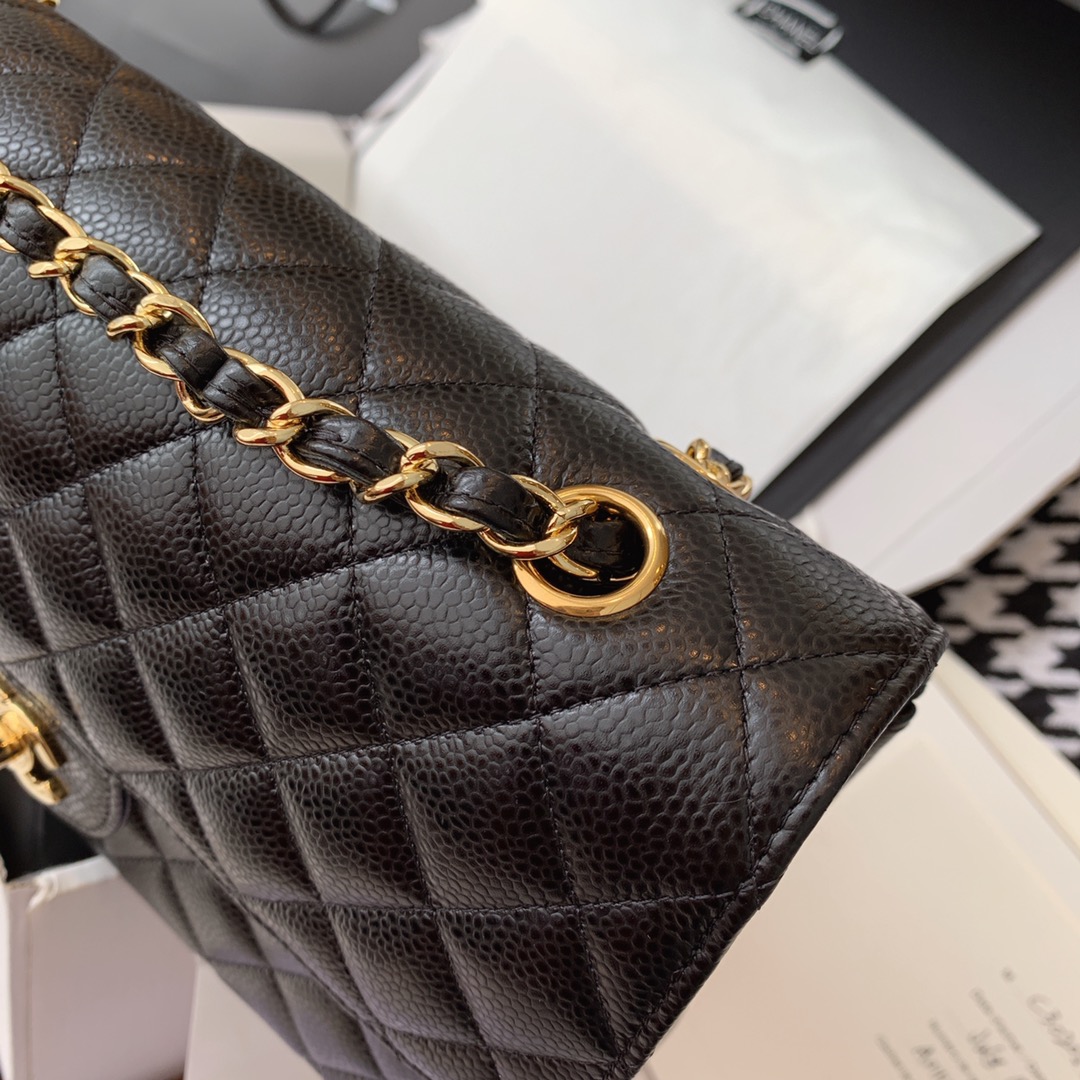 Chanel 香奈儿 黑色 金扣 法国原厂Haas球纹鱼子酱牛皮 25cm