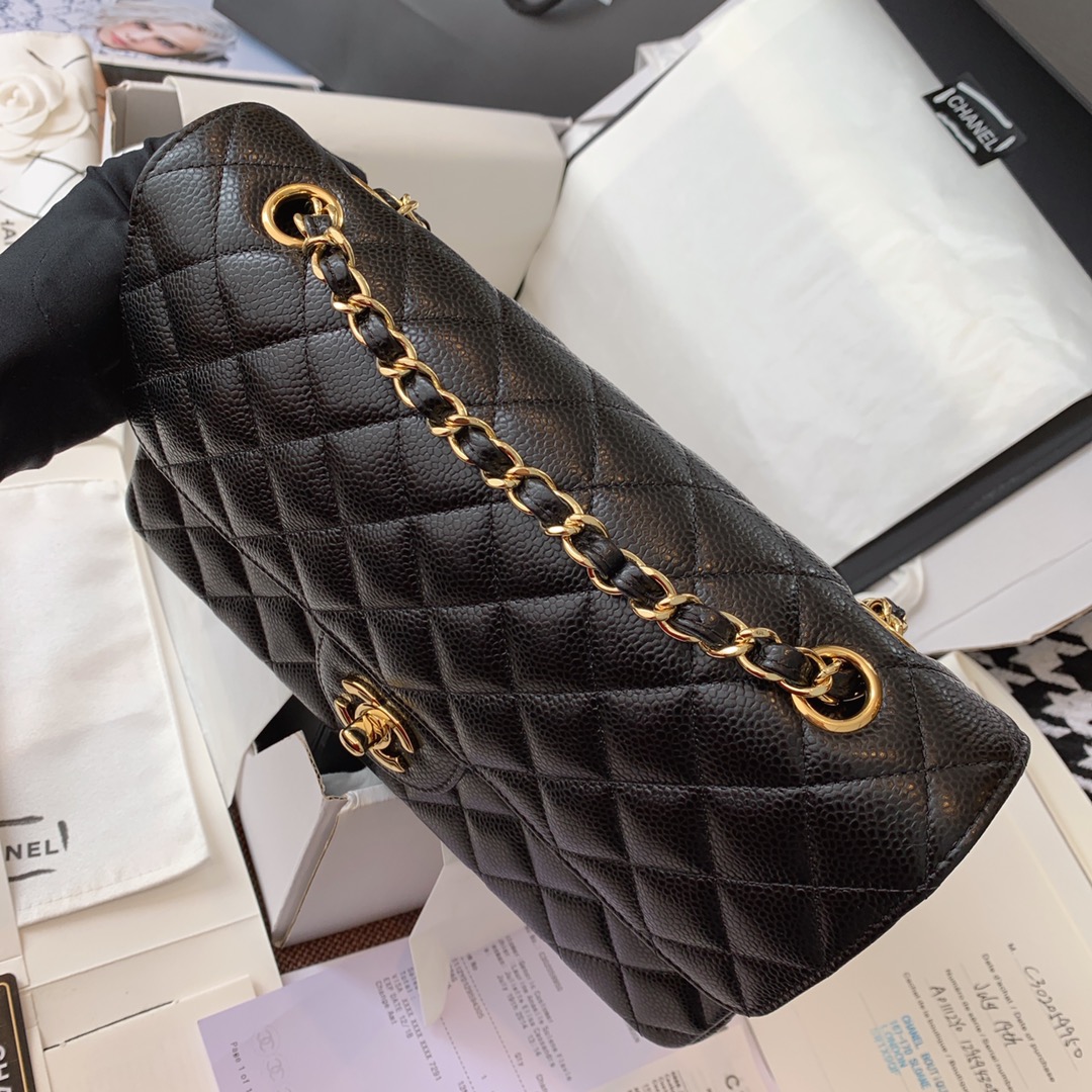 Chanel 香奈儿 黑色 金扣 法国原厂Haas球纹鱼子酱牛皮 25cm