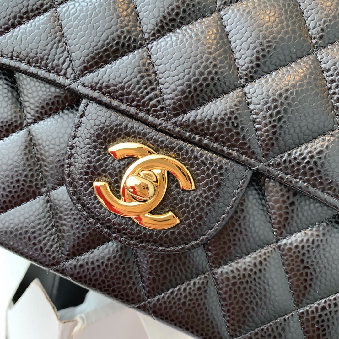 Chanel 香奈儿 黑色 金扣 法国原厂Haas球纹鱼子酱牛皮 25cm