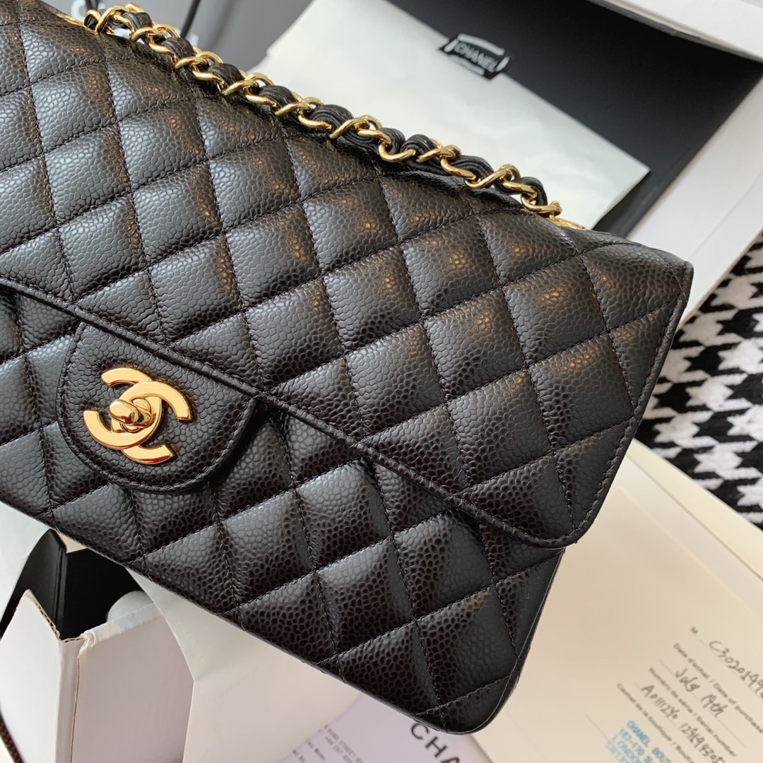 Chanel 香奈儿 黑色 金扣 法国原厂Haas球纹鱼子酱牛皮 25cm