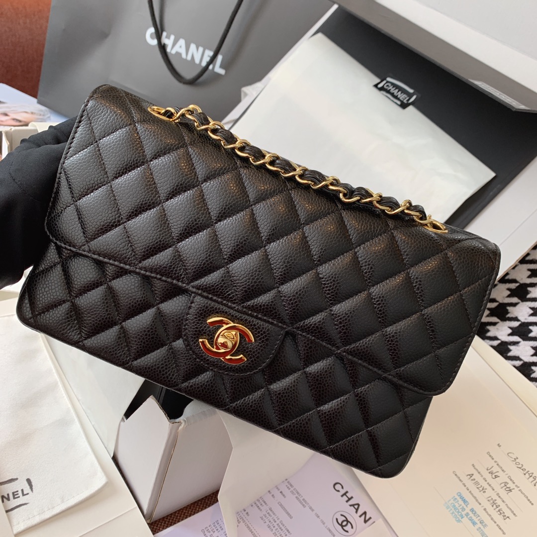 Chanel 香奈儿 黑色 金扣 法国原厂Haas球纹鱼子酱牛皮 25cm