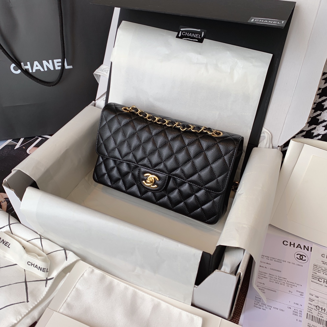 Chanel 香奈儿 黑色 金扣 法国原厂Haas球纹鱼子酱牛皮 25cm