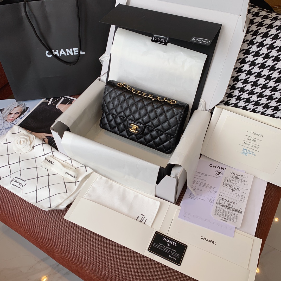Chanel 香奈儿 黑色 金扣 法国原厂Haas球纹鱼子酱牛皮 25cm