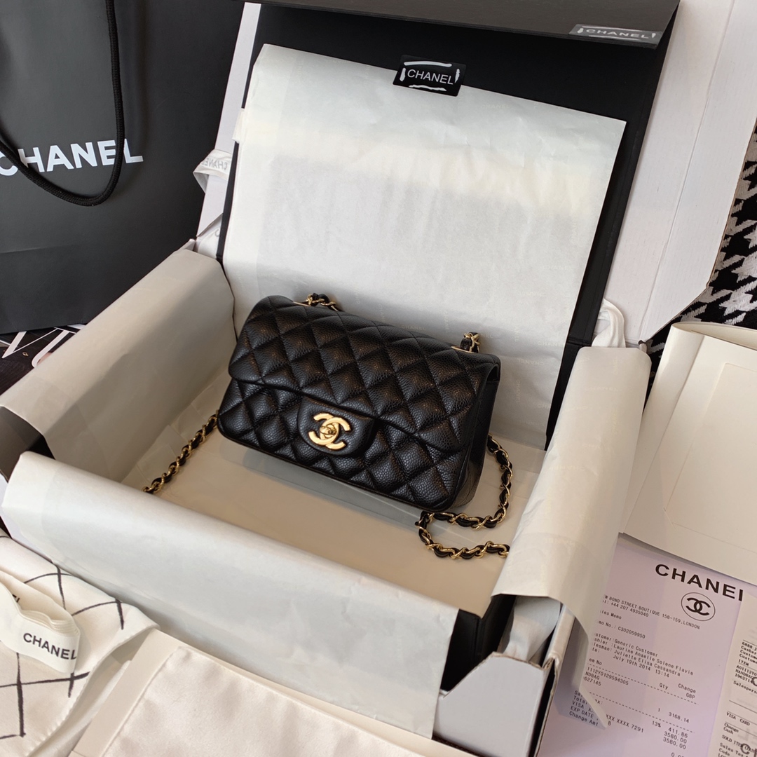 Chanel 香奈儿 黑色 金扣 CF 20cm 法国原厂Haas球纹鱼子酱牛皮