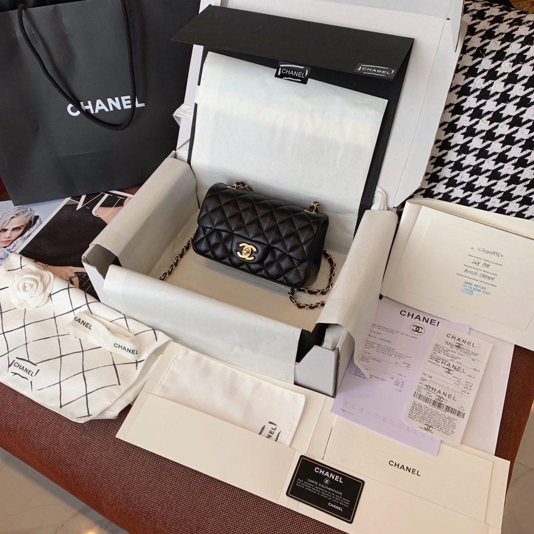 Chanel 香奈儿 黑色 金扣 CF 20cm 法国原厂Haas球纹鱼子酱牛皮