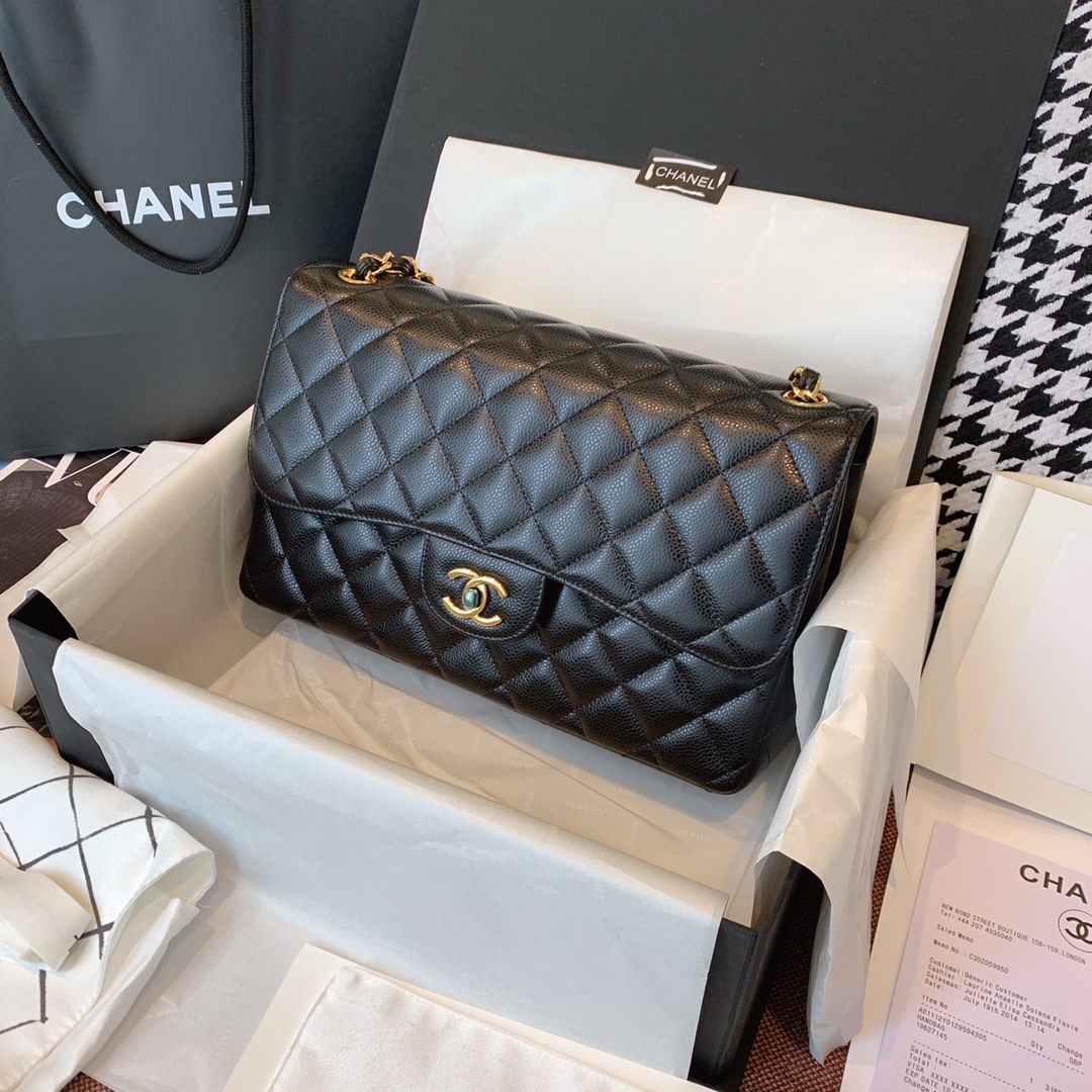 Chanel 香奈儿 黑色 金扣 CF 30cm 法国原厂Haas球纹鱼子酱牛皮
