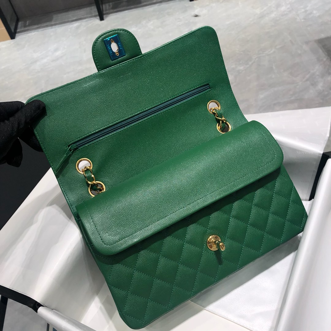Chanel 香奈儿 法国原厂Haas球纹鱼子酱牛皮 25cm 青草绿金扣