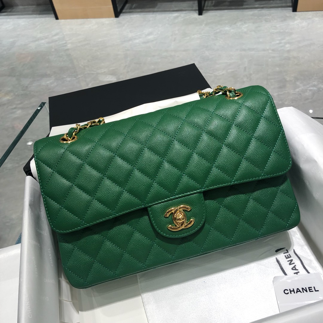 Chanel 香奈儿 法国原厂Haas球纹鱼子酱牛皮 25cm 青草绿金扣