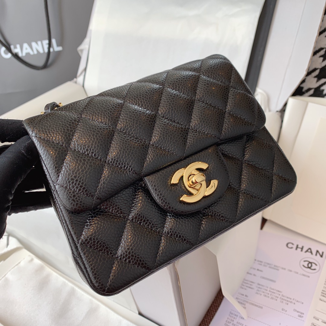 Chanel 香奈儿 黑色 金扣 法国原厂Haas球纹鱼子酱牛皮 17cm