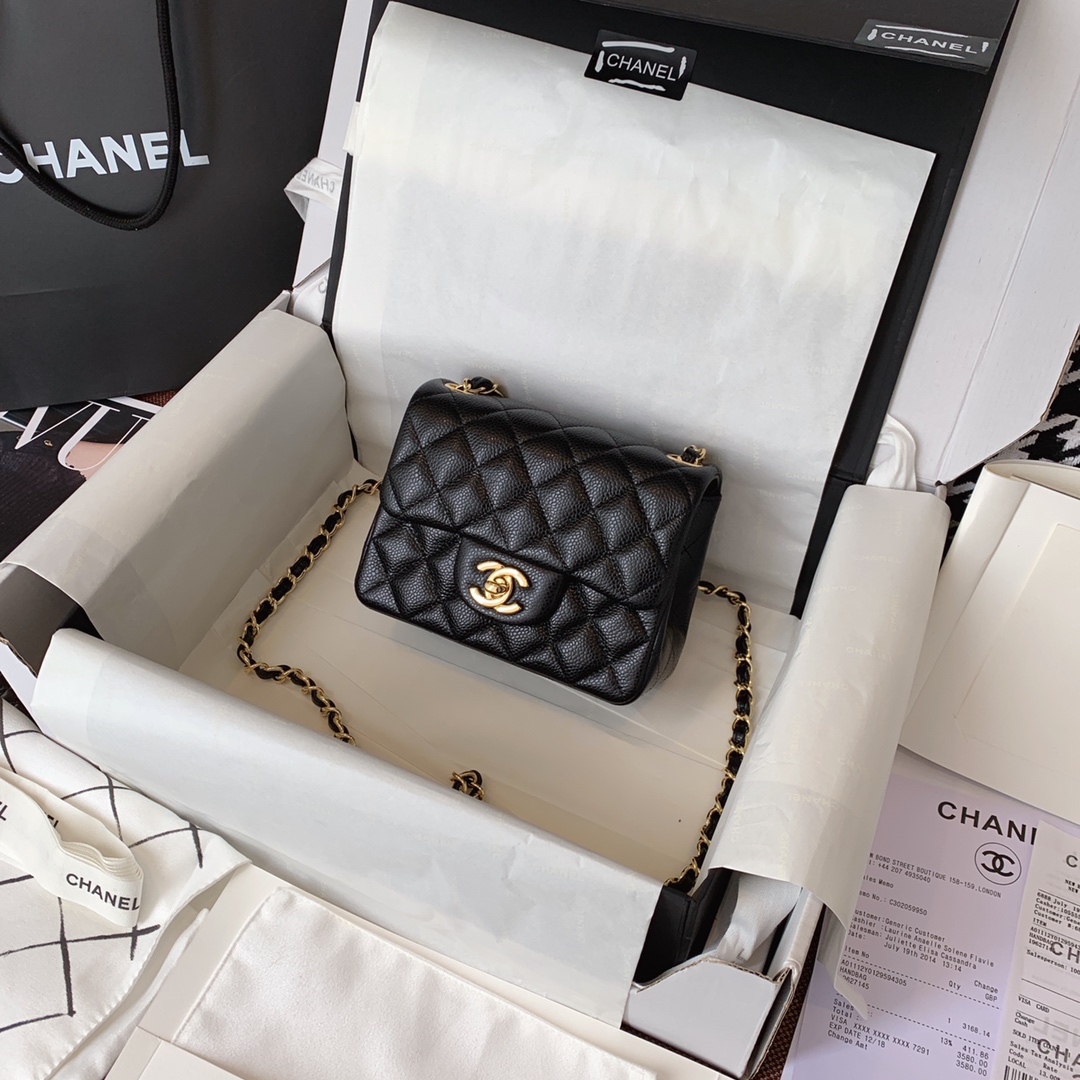 Chanel 香奈儿 黑色 金扣 法国原厂Haas球纹鱼子酱牛皮 17cm