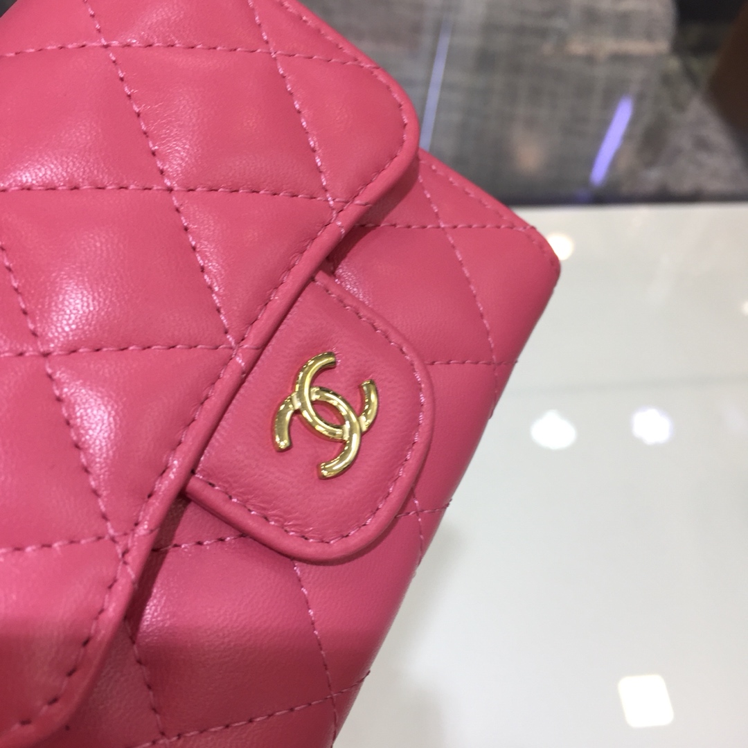 Chanel 香奈儿 三折包小钱包  进口小羊皮～西瓜红金扣