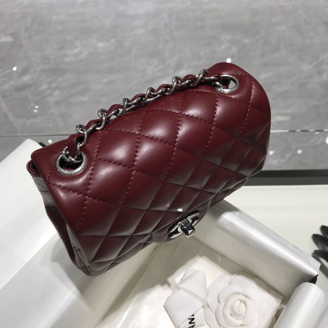 Chanel 香奈儿 CF 方胖子 进口小羊皮 枣红银扣