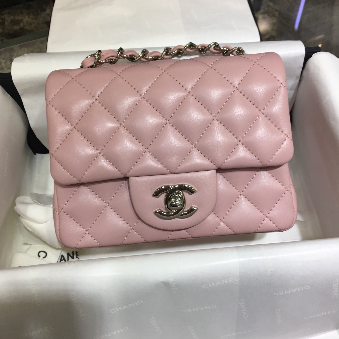 Chanel 香奈儿 CF 方胖子 进口小羊皮 浅粉银扣