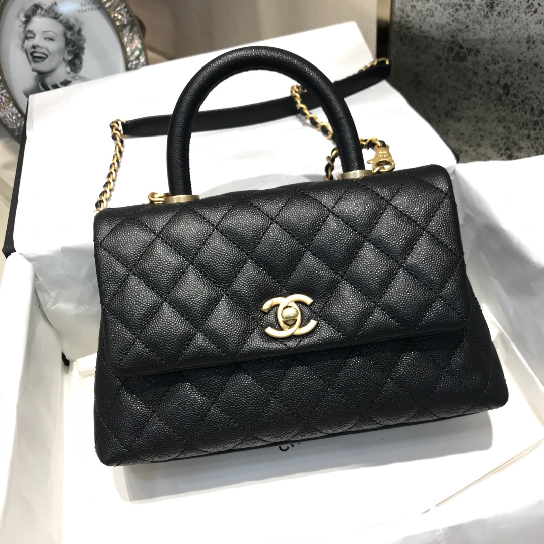 Chanel 香奈儿 CoCo Handle 顶级代购版 23cm～原厂小牛皮～球纹手柄～黑色～沙金