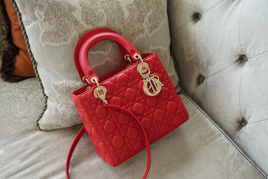 Dior 迪奥戴妃包 Lady Dior五格/24cm 羊皮  红色  金扣  现货 原厂小羊皮