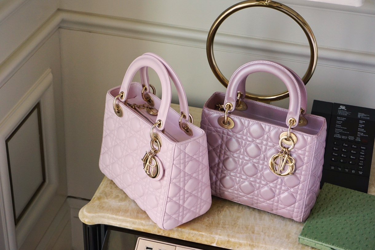 Dior 迪奥 戴妃包 Lady Dior 五格 24cm 羊皮 珠光粉 淡粉色 金扣