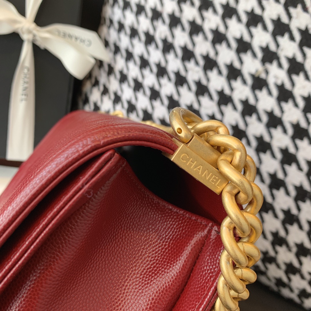 Chanel 法国原厂Haas小球纹鱼子酱牛皮 leboy 经典V格 25cm 枣红色