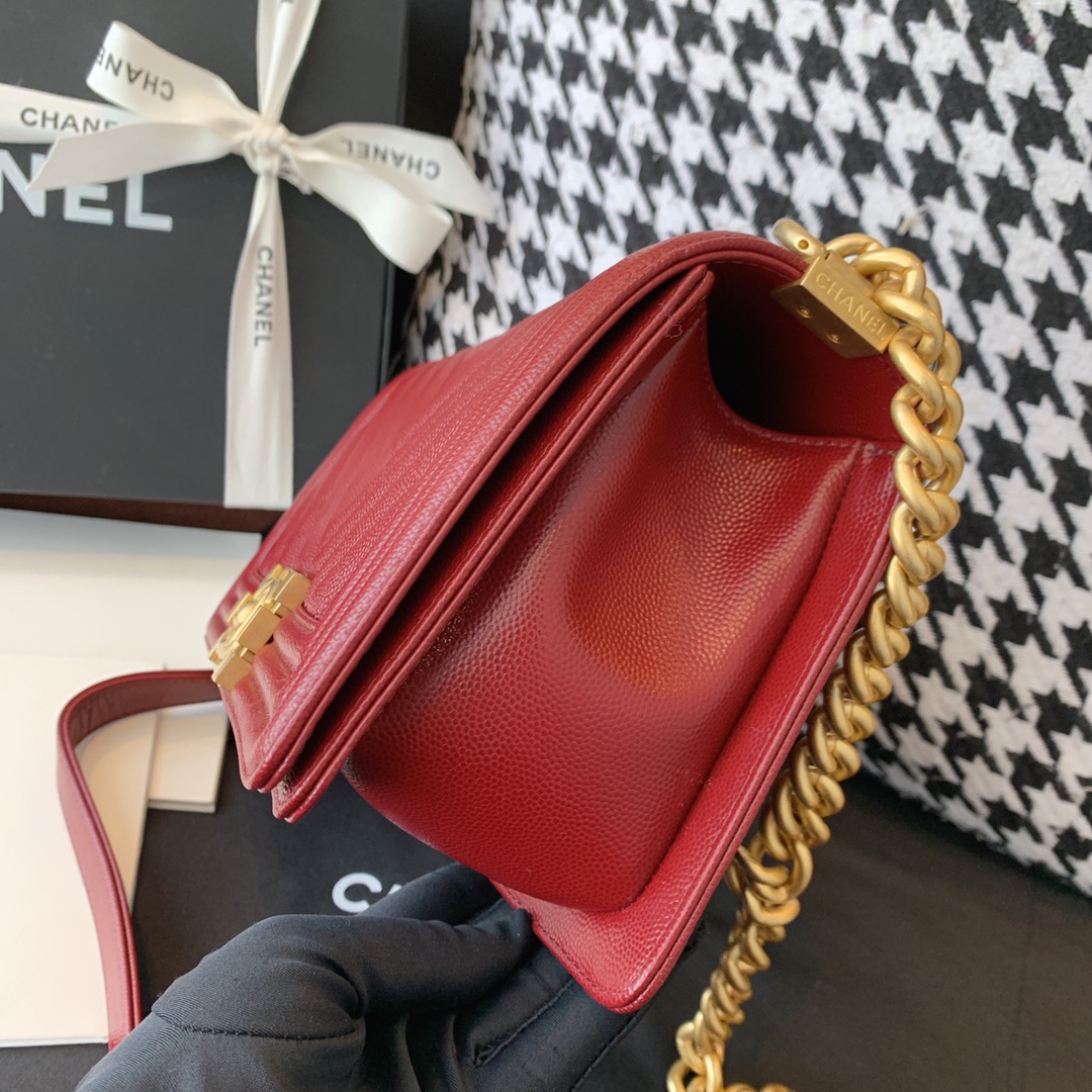 Chanel 法国原厂Haas小球纹鱼子酱牛皮 leboy 经典V格 25cm 枣红色