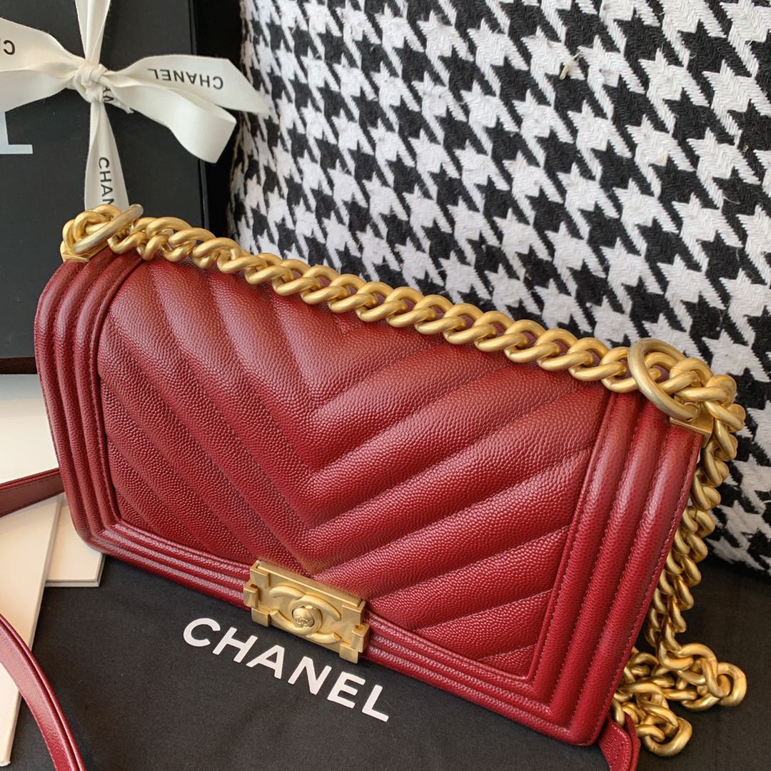 Chanel 法国原厂Haas小球纹鱼子酱牛皮 leboy 经典V格 25cm 枣红色