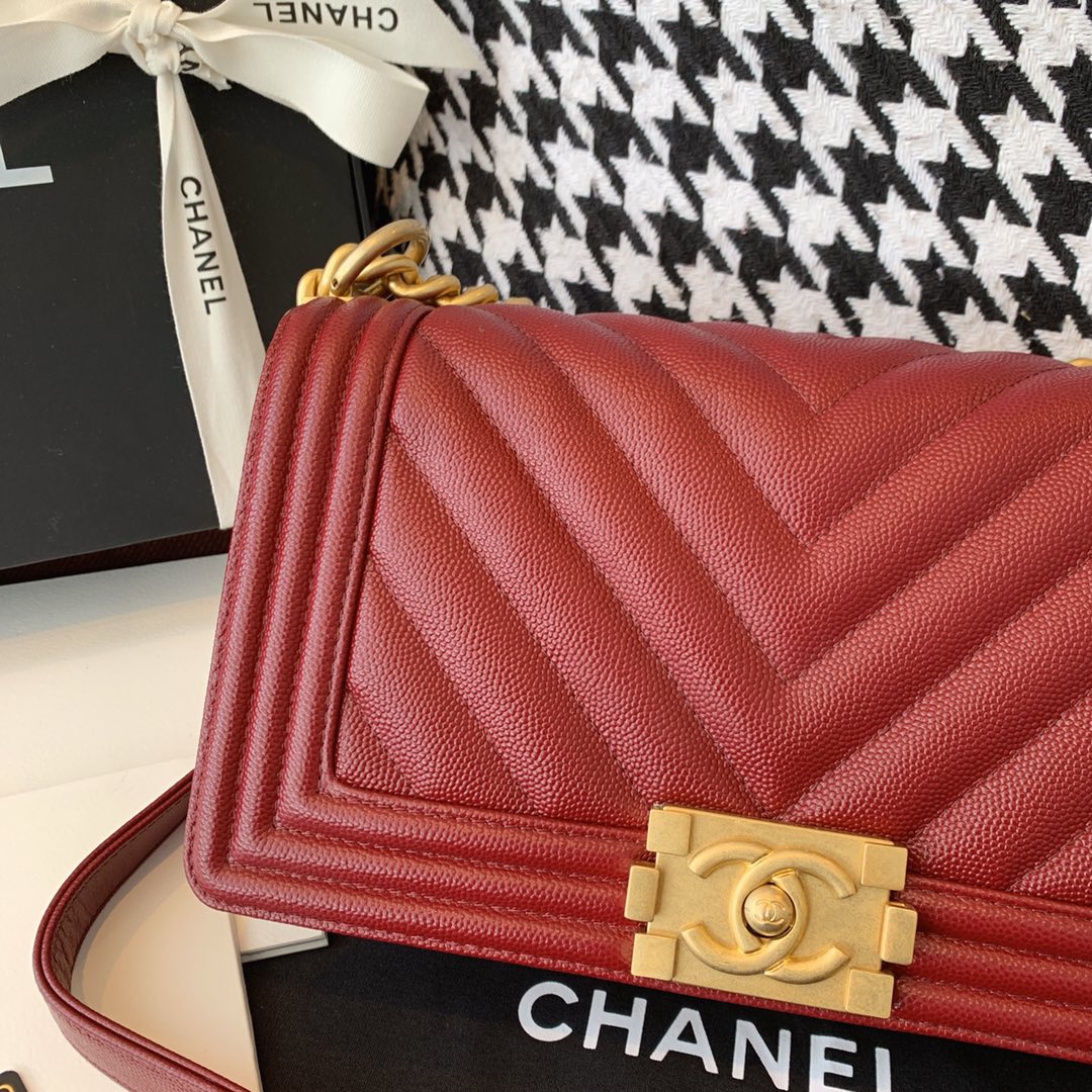 Chanel 法国原厂Haas小球纹鱼子酱牛皮 leboy 经典V格 25cm 枣红色