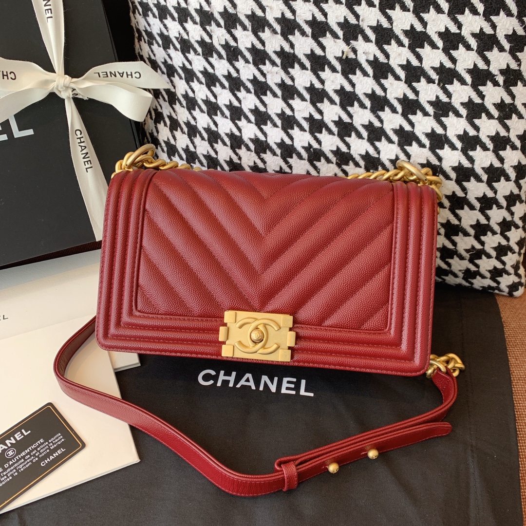 Chanel 法国原厂Haas小球纹鱼子酱牛皮 leboy 经典V格 25cm 枣红色