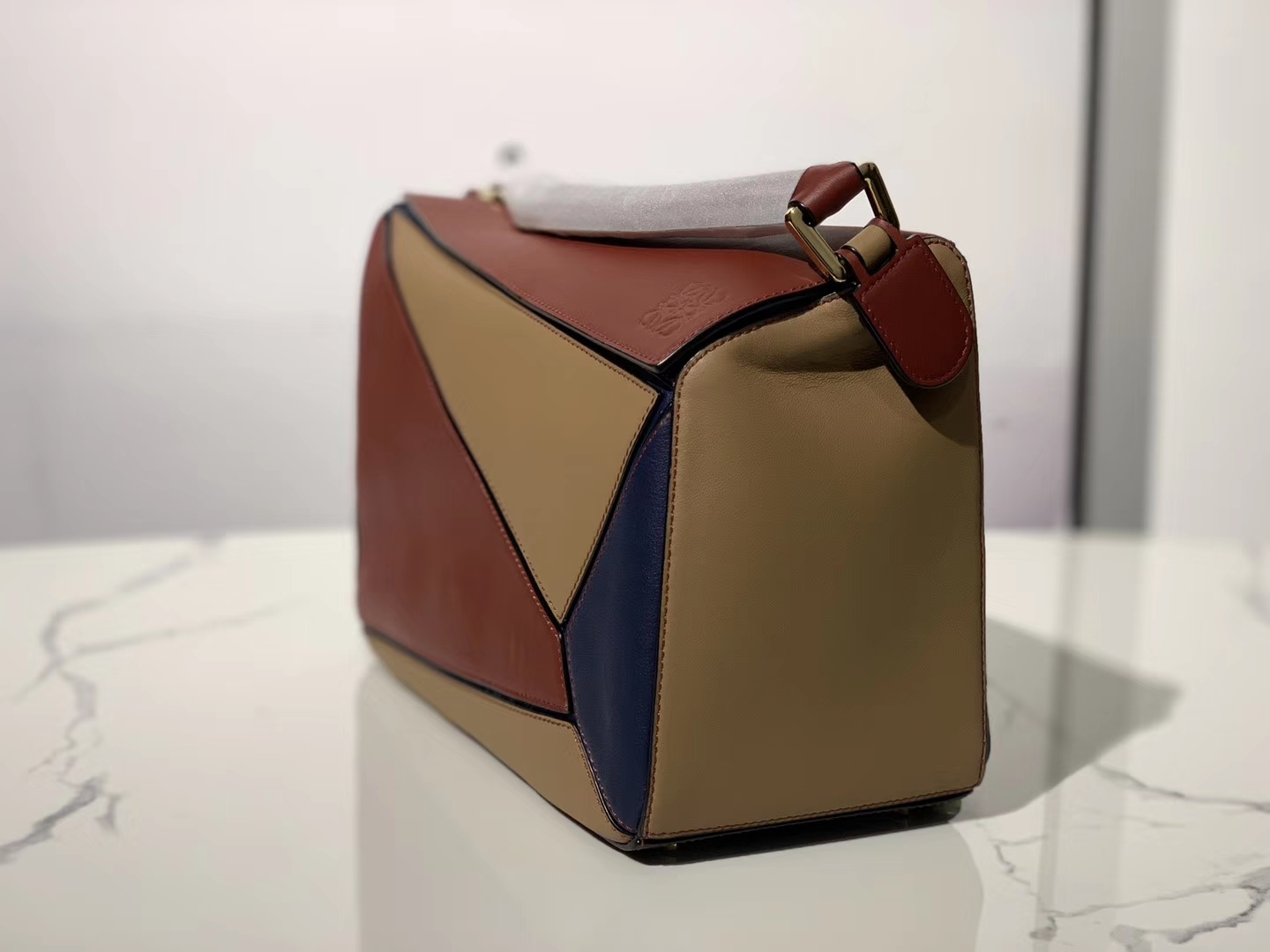 Loewe puzzle系列复古牛皮 几何图案拼色 中号