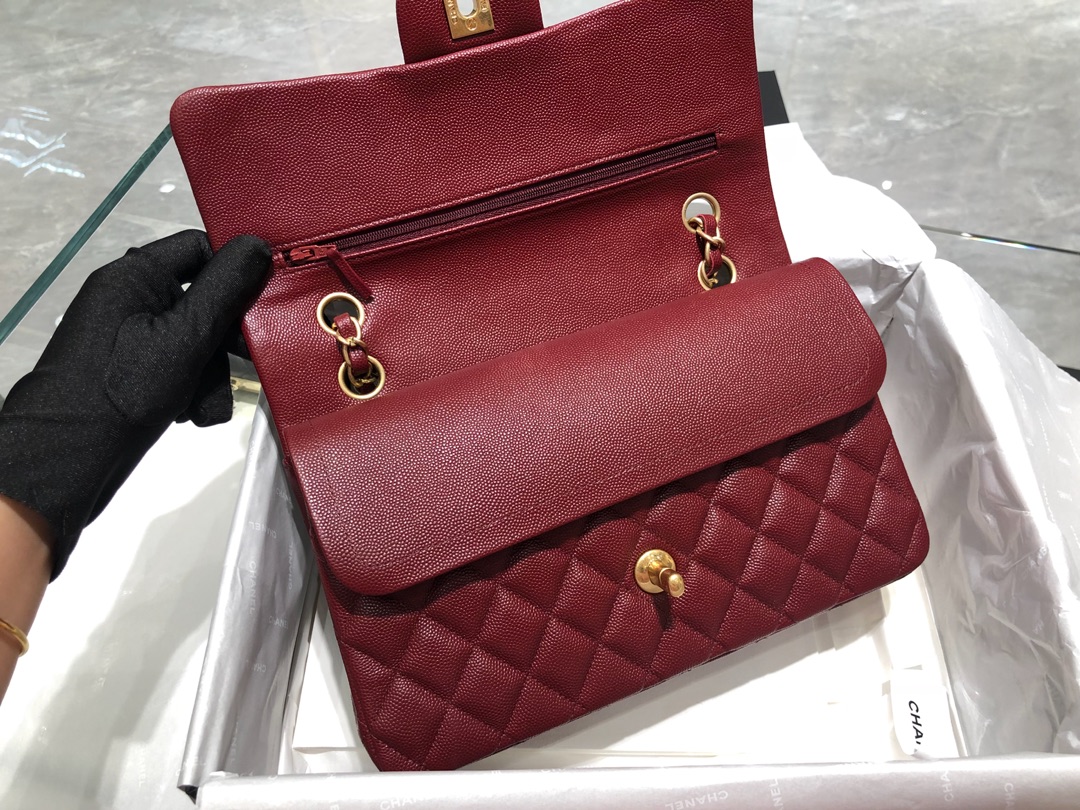 【正品级】枣红 磨砂金扣 Chanel CF 法国原厂Haas小球纹小鱼子酱牛皮 25cm