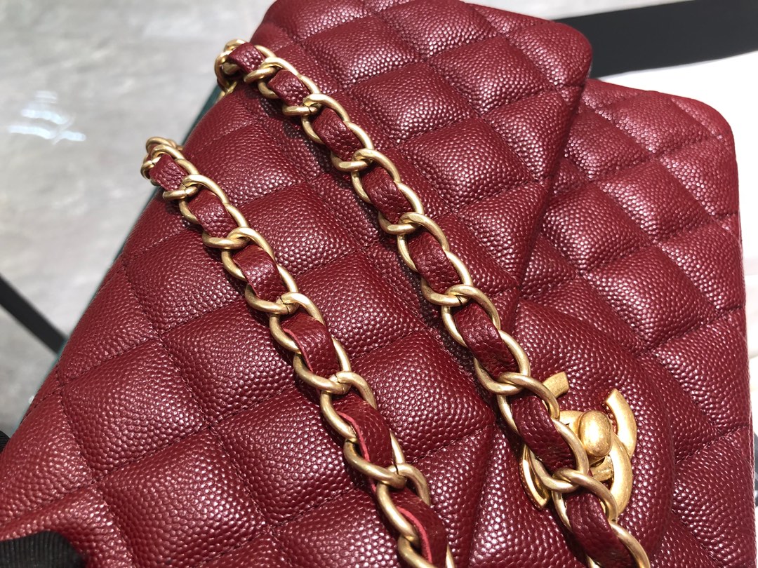 【正品级】枣红 磨砂金扣 Chanel CF 法国原厂Haas小球纹小鱼子酱牛皮 25cm