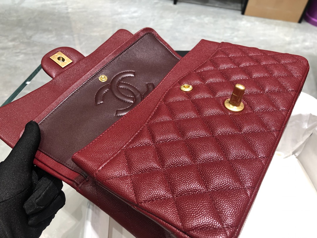 【正品级】枣红 磨砂金扣 Chanel CF 法国原厂Haas小球纹小鱼子酱牛皮 25cm