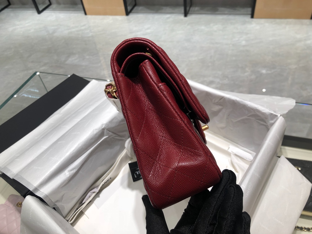 【正品级】枣红 磨砂金扣 Chanel CF 法国原厂Haas小球纹小鱼子酱牛皮 25cm