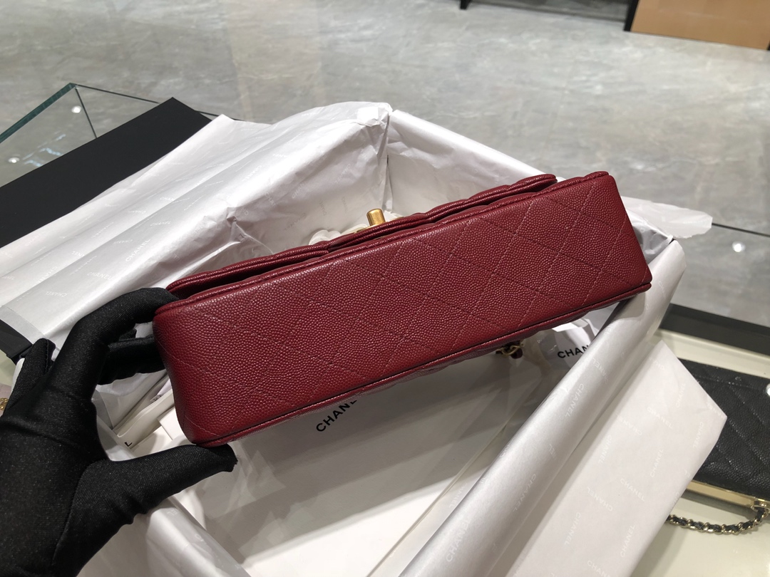 【正品级】枣红 磨砂金扣 Chanel CF 法国原厂Haas小球纹小鱼子酱牛皮 25cm