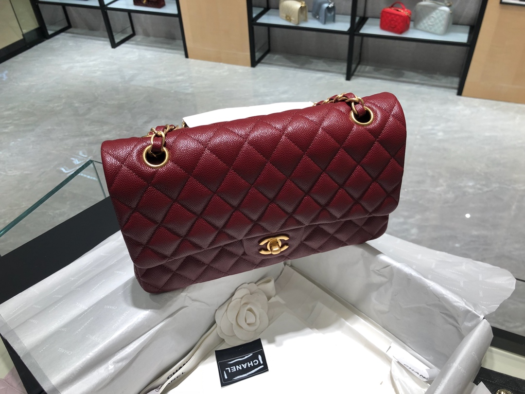 【正品级】枣红 磨砂金扣 Chanel CF 法国原厂Haas小球纹小鱼子酱牛皮 25cm
