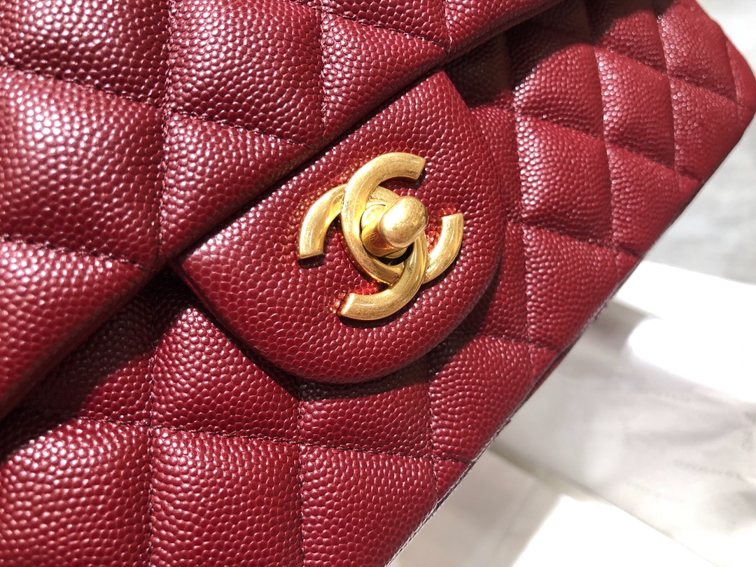 【正品级】枣红 磨砂金扣 Chanel CF 法国原厂Haas小球纹小鱼子酱牛皮 25cm