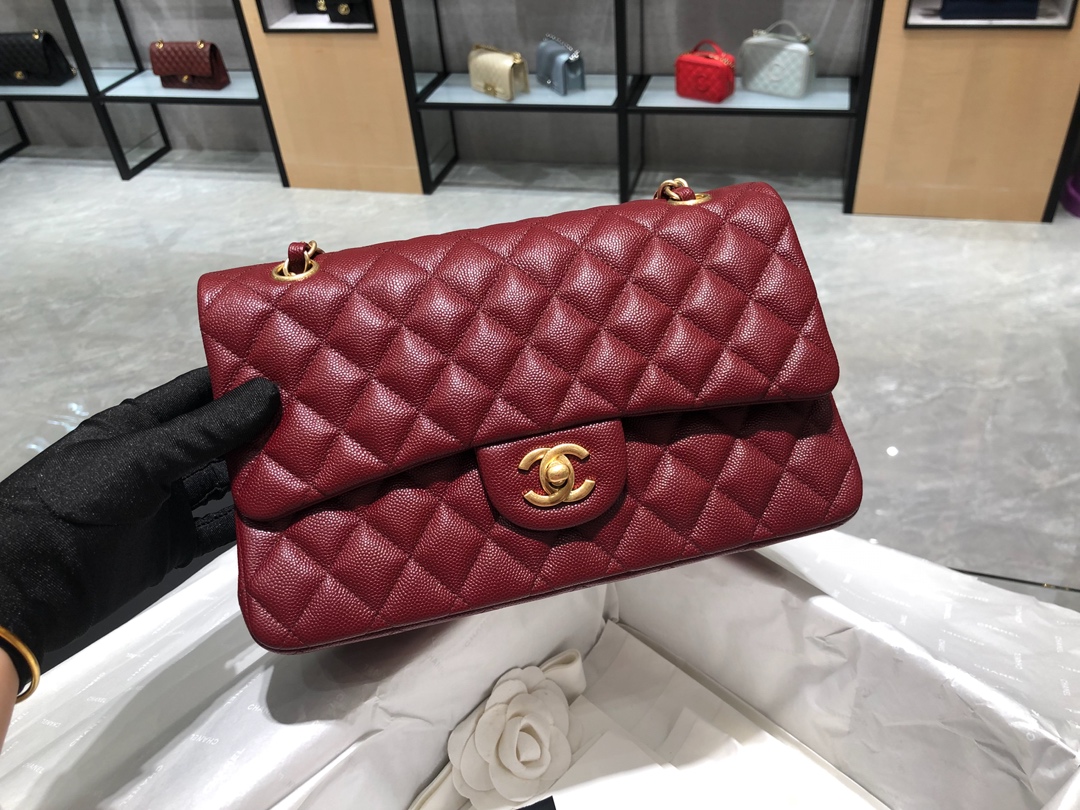 【正品级】枣红 磨砂金扣 Chanel CF 法国原厂Haas小球纹小鱼子酱牛皮 25cm