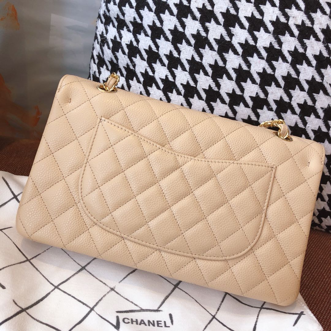 【正品级】杏色 金扣 Chanel CF 法国原厂Haas小球纹小鱼子酱牛皮 25cm