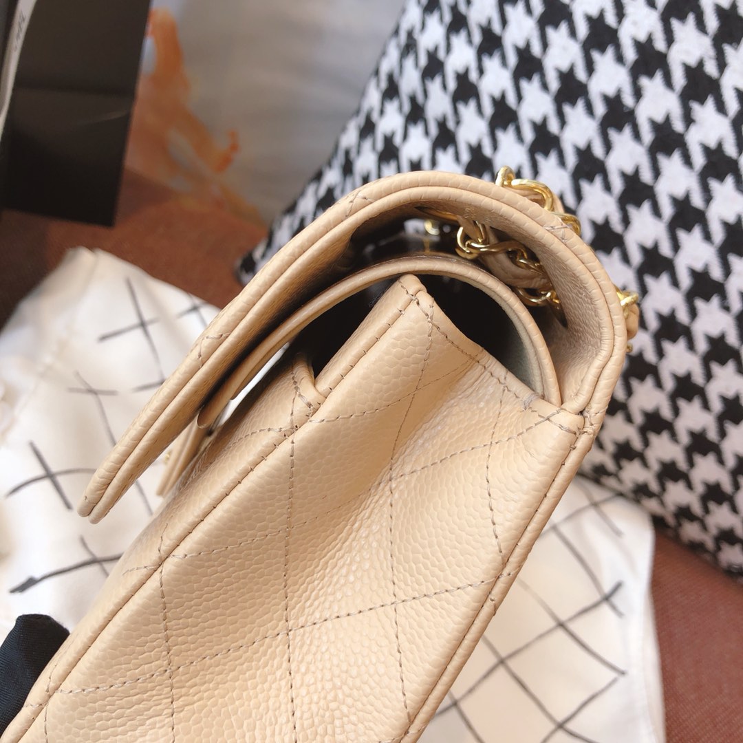 【正品级】杏色 金扣 Chanel CF 法国原厂Haas小球纹小鱼子酱牛皮 25cm