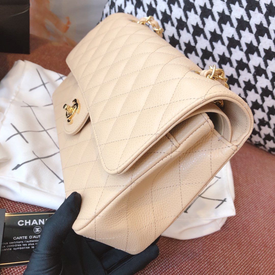 【正品级】杏色 金扣 Chanel CF 法国原厂Haas小球纹小鱼子酱牛皮 25cm