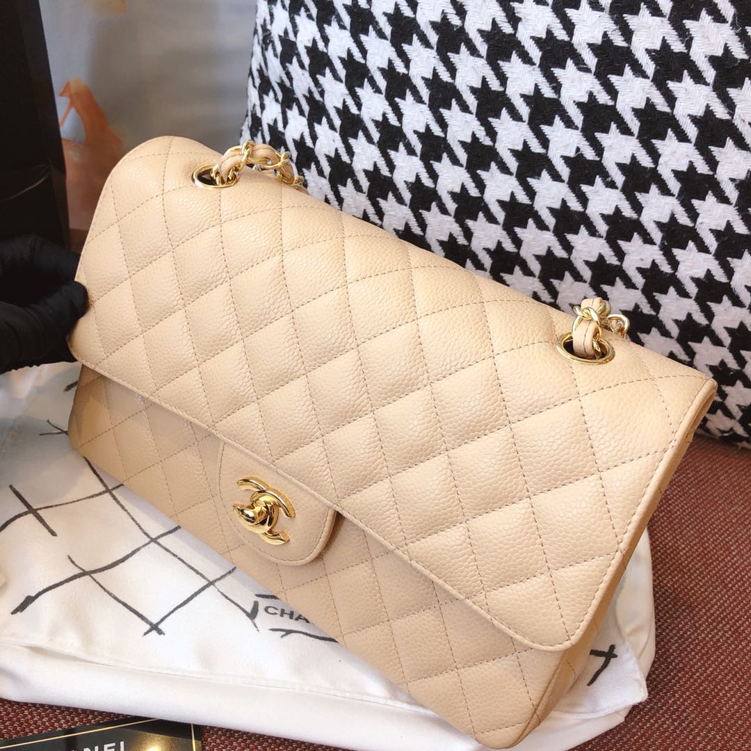 【正品级】杏色 金扣 Chanel CF 法国原厂Haas小球纹小鱼子酱牛皮 25cm